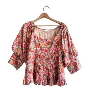 By Timo Field Spring Floral Puffy Sleeve Peasant‎ Blouse Top - Medium